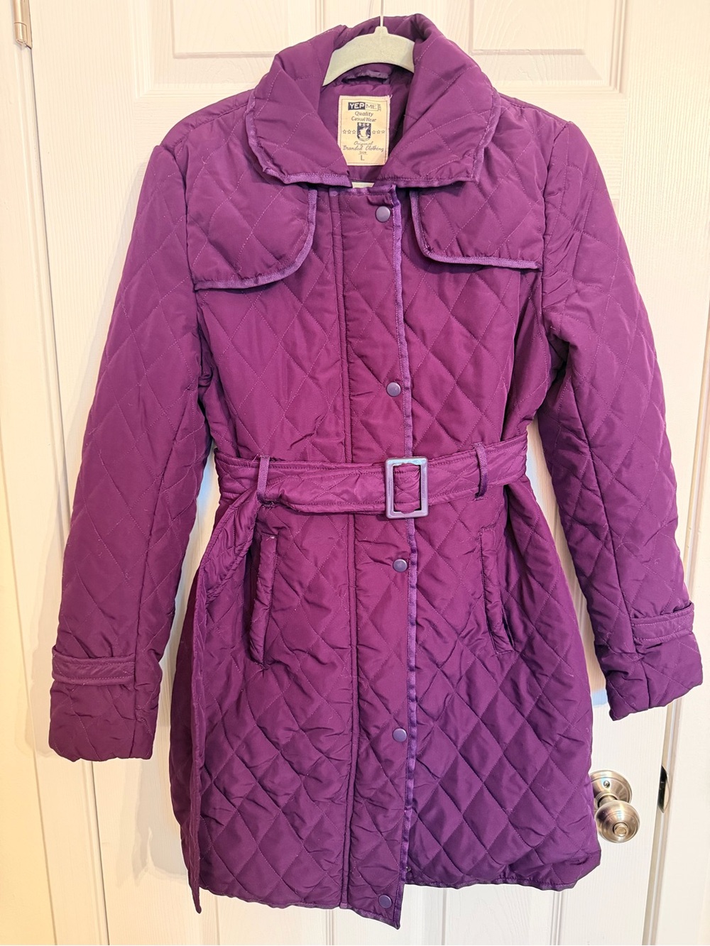 Quilted Belted Women's Puffer Coat in Deep Purple
